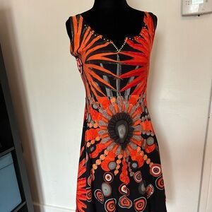 Desigual Black and Orange Sleeveless V-Neck Midi Dress